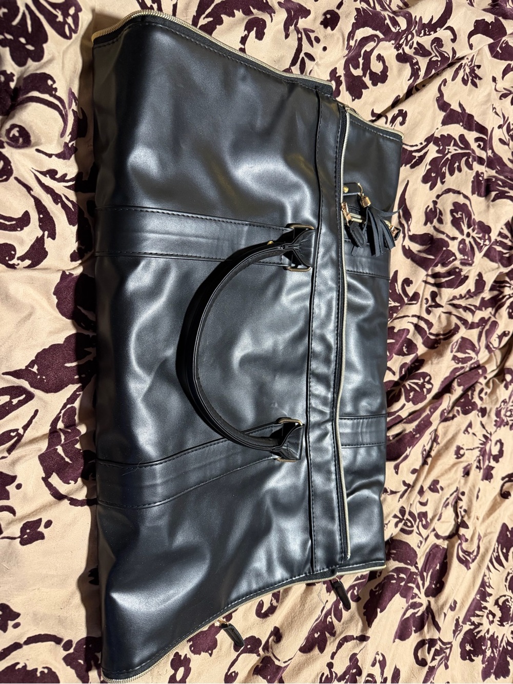 Black Travel Tote Bag - Sleek Faux Leather Carryall